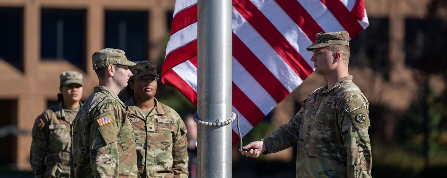 Members of the  Air Force and Army ROTC programs take part in the university’s 2024 Veterans Day Commemoration. (Photo credit: Bob Christy, )
