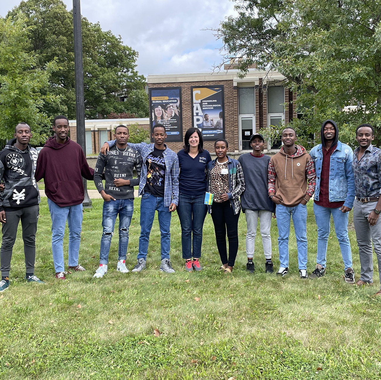 Sponsored students from Rwanda pose with Stacie Ansley, senior international admissions counselor for Sponsored Student Services in the Office of Global Education, in fall 2022.