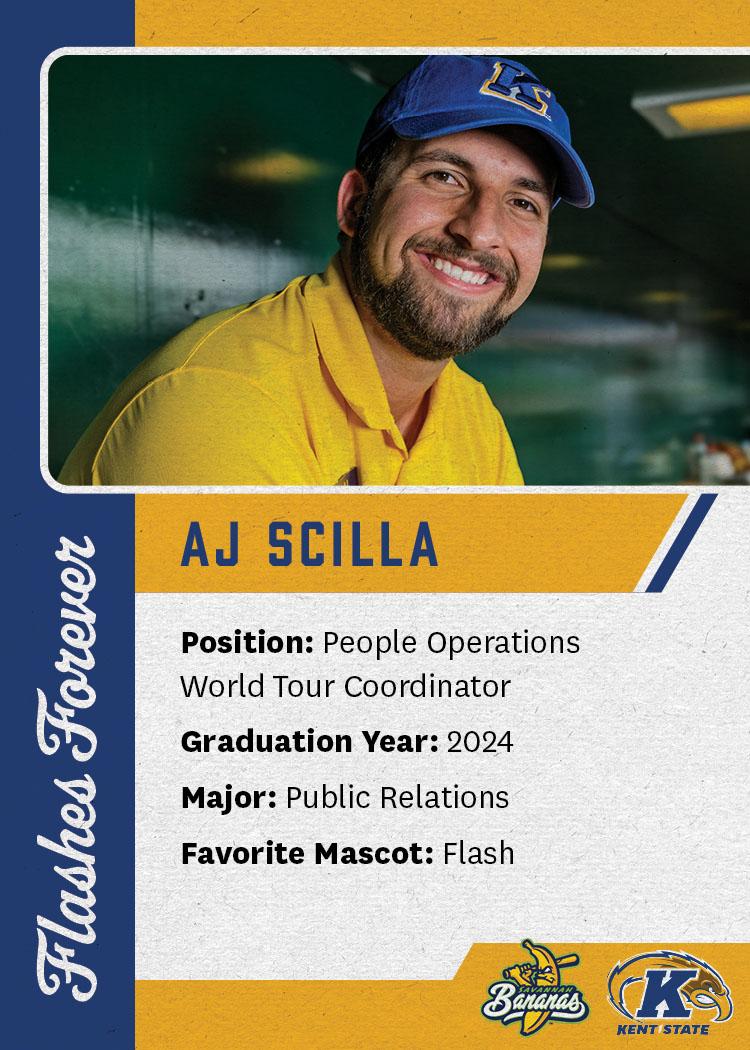 Reverse side of AJ Scilla’s baseball card showing him smiling in a dugout wearing a yellow Bananas shirt and blue Âé¶ąľ«Ńˇcap. Text on the card lists:  Position: People Operations World Tour Coordinator  Graduation Year: 2024  Major: Public Relations  Favorite Mascot: Flash “Flashes Forever” runs along the side, with both logos at the bottom.