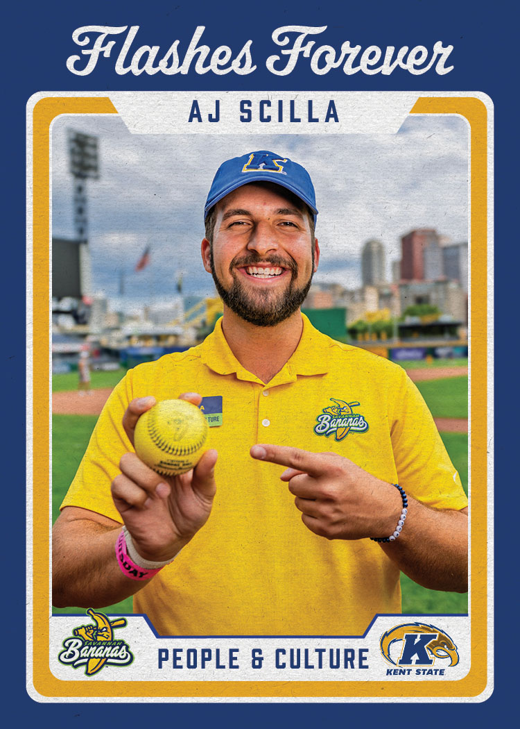 Baseball trading card featuring AJ Scilla of the Savannah Bananas smiling on the field, pointing to a yellow softball he’s holding. He wears a yellow polo and a blue Âé¶ąľ«Ńˇhat. The card header reads “Flashes Forever,” his name “AJ Scilla,” and the bottom text lists “People & Culture” with the Savannah Bananas and Âé¶ąľ«Ńˇlogos.