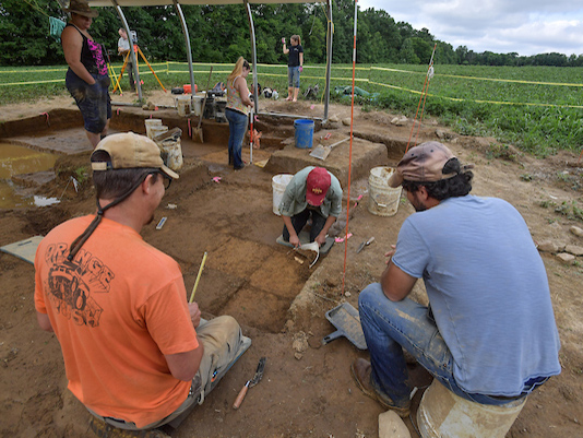 Archeology students working in the field