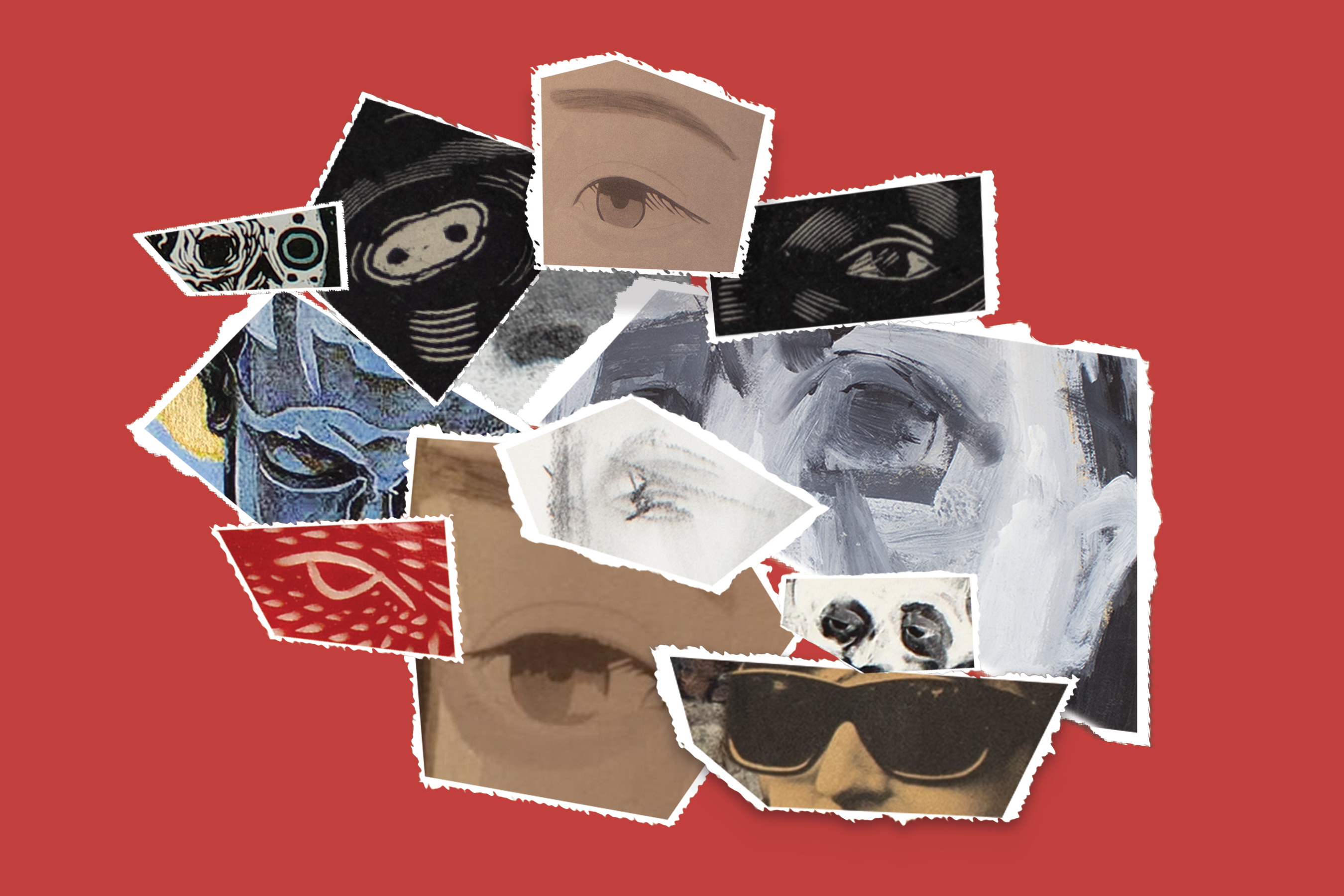 A paper collage of illustrated eyes on a red background.