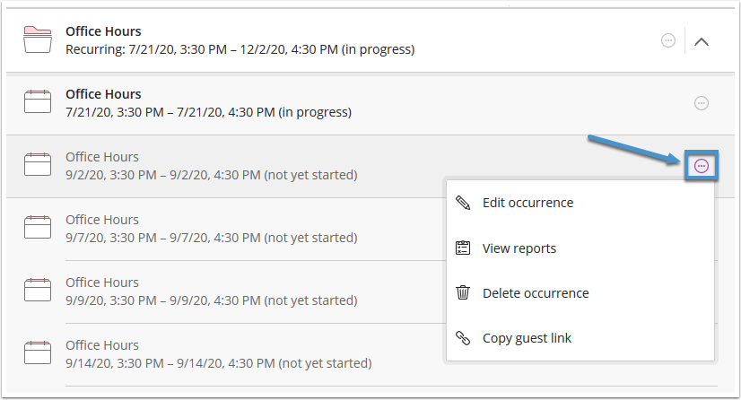Collaborate Ultra session options menu
