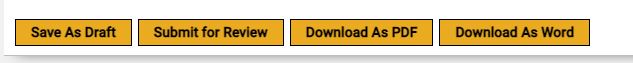 Image of the buttons at the bottom of the application. From left: save as draft, submit for review, download as PDF, download as word