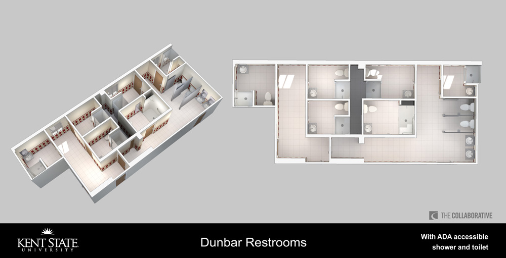 Diagram of Dunbar restrooms with ADA accessible shower and toilet