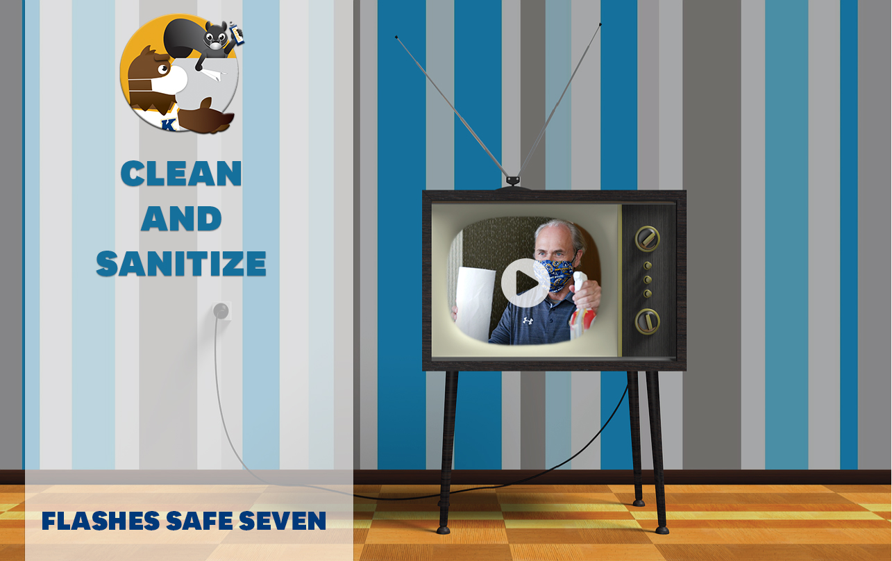 Flashes Safe Seven: Clean and Sanitize. TV screen with embed of President Diacon ready to clean his office, armed with paper towels and cleaning spray. Image placed with playhead over the TV to indicate video link.