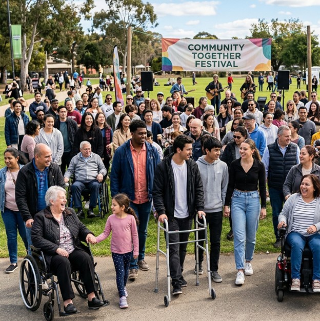 Community members move together through a park festival, with participants using a range of mobility aids beneath an event banner.