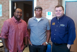 From left, "After the Fire" speakers Shawn Simons and Alvaro Llanos, and Brian Hellwig, ɫҹ assistant director of residential safety and security, stand outside the Kent Student Center Kiva after the commemorative presentation. (Photo Credit: Rachel Purget)