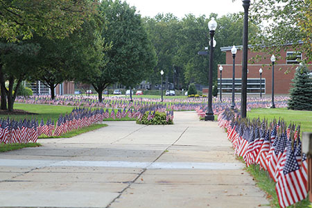 The walkways at Kent State University at Ashtabula were lined with thousands of American flags in honor of those who lost their lives in the Sept. 11 attacks. 