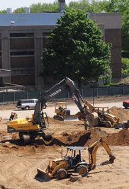 The visitor lot in front of Risman Plaza is closed through Aug. 19 as work on the Student Green in front of the library and ֱ Student Center is underway