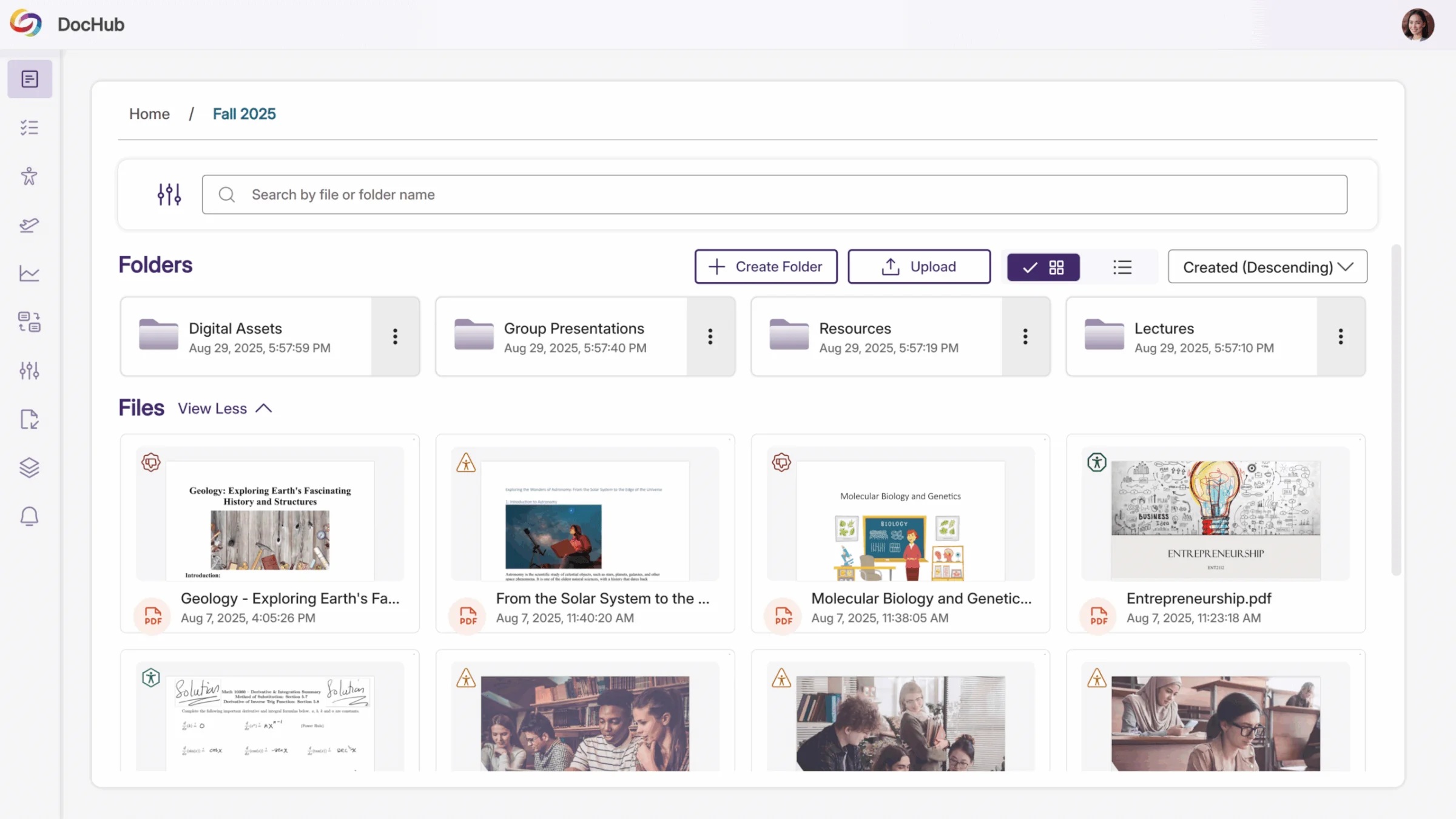 The DocHub dashboard showing options to upload folders and files for accessibility review with small status icons in the corner of each uploaded file indicating their level of accessibility.