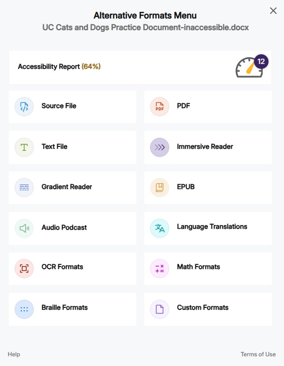 The alternative formats menu showing an accessibility report option at the top along with options to convert to alternative formats such as PDF, text file, audio, and many more.