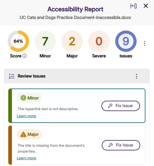 An accessibility report for an uploaded document showing a percentage score, the number of errors in the document, and buttons to fix each issue.