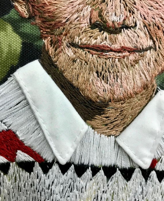 "Glasgow Sweater" by Eileen Woods, 2018. Embroidery on fabric.