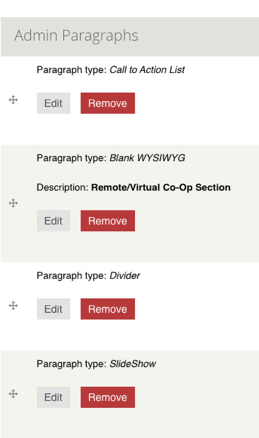 a screenshot of a Drupal editing dashboard with collapsed admin paragraphs