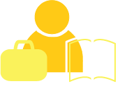 Graphic of a person with a book and briefcase