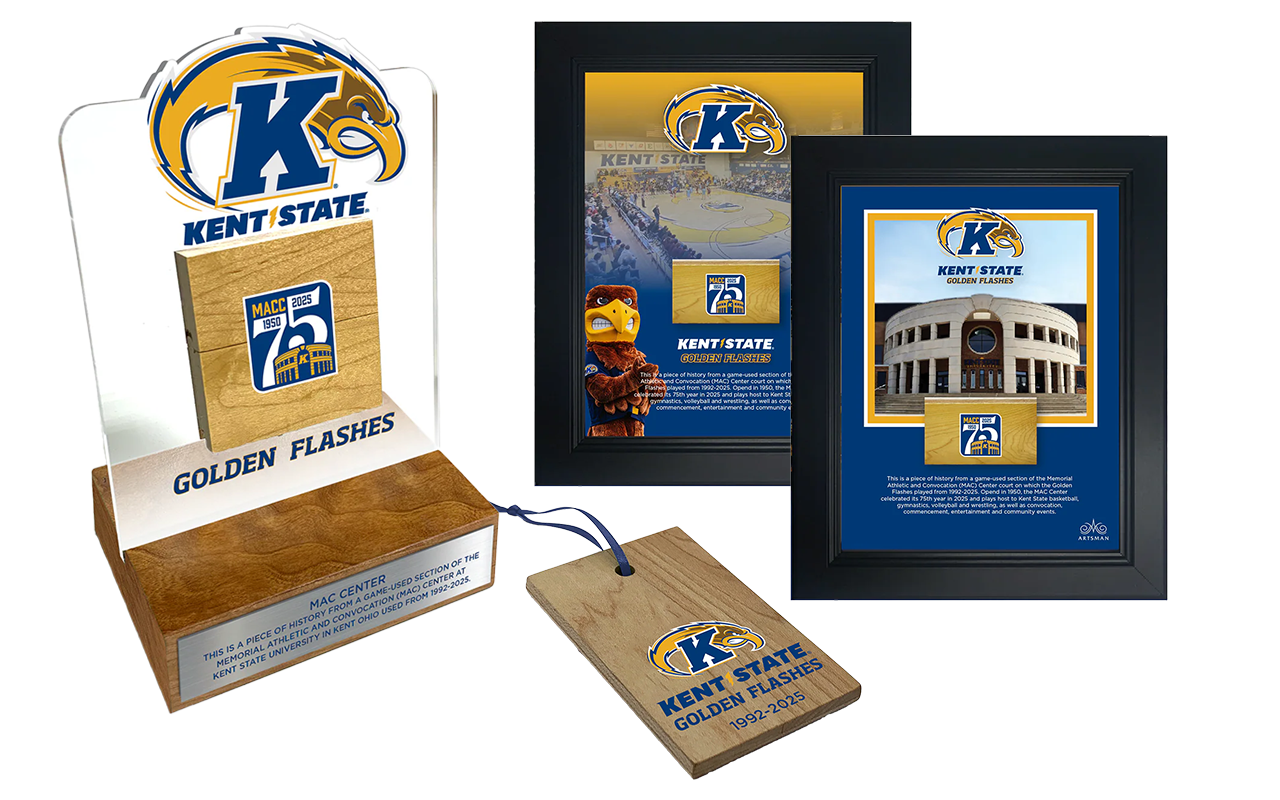 Celebrating the 75th Anniversary of the Memorial Athletic and Convocation Center, each piece of memorabilia is crafted from game-used sections of the MAC Center court the Golden Flashes played on from 1992-2025.