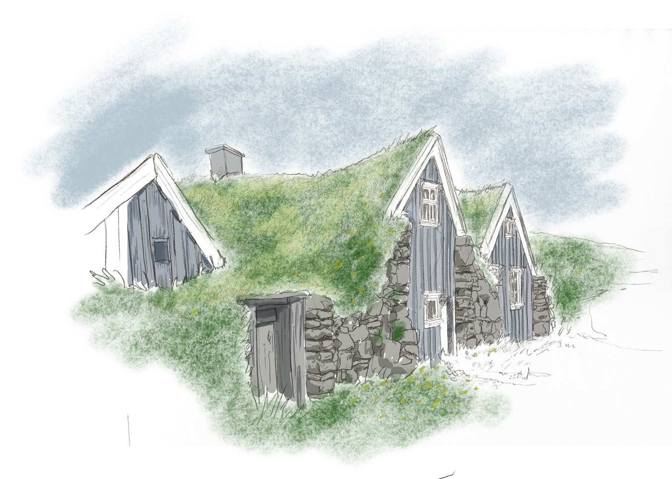 House with green roof drawing