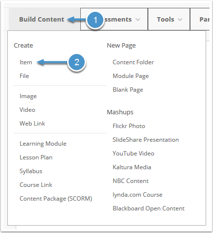 Build Content menu expanded