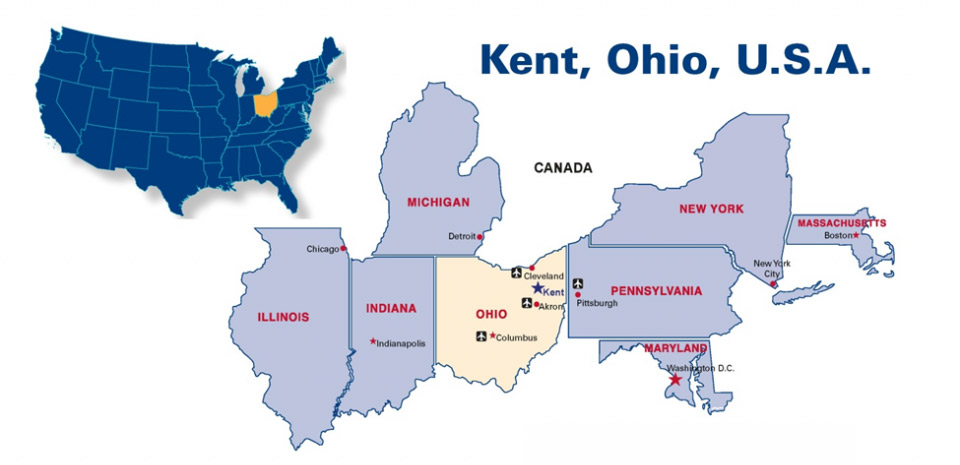 Map of the midwest, focused on Kent, Ohio