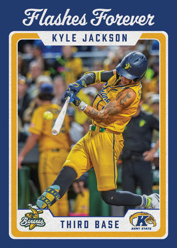 Baseball trading card featuring Kyle Jackson of the Savannah Bananas. He’s mid-swing at the plate in a bright yellow uniform with blue trim and tattoos visible on both arms. The top reads “Flashes Forever,” his name “Kyle Jackson” appears in bold, and the bottom lists his position as “Third Base” with the Âé¶ąľ«Ńˇand Savannah Bananas logos.