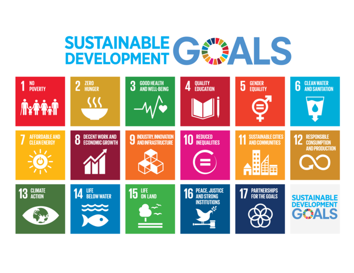 Sustainable development goals chart with 1-17 listed with titles and icons for each goal.