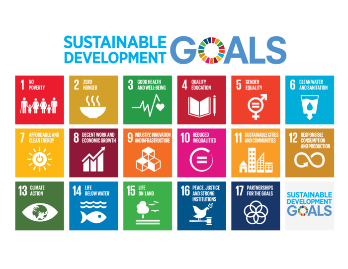 Sustainable development goals chart with 1-17 listed with titles and icons for each goal. 