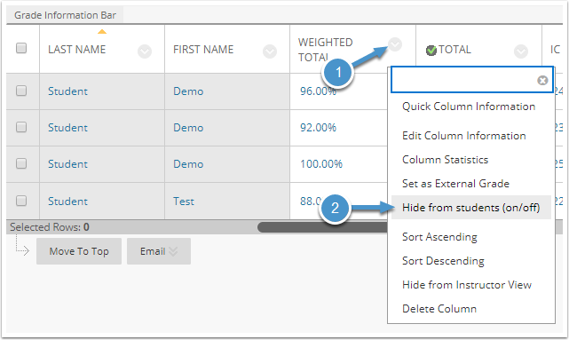 Hide from students menu option
