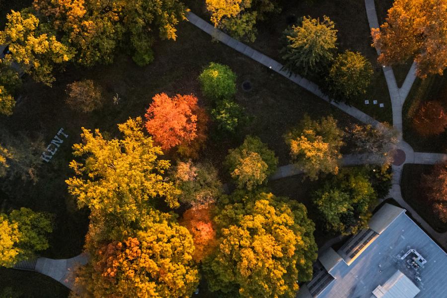 Drone shot of fall colors on Kent's front campus.