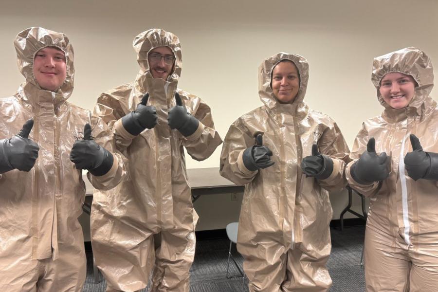 Nursing students at ������ at Trumbull in decontamination gear.