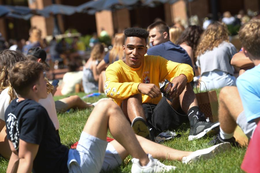 Kent State students hanging out on Risman Plaza