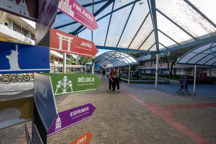 World cities arrow sign at PUCPR in Curitiba.