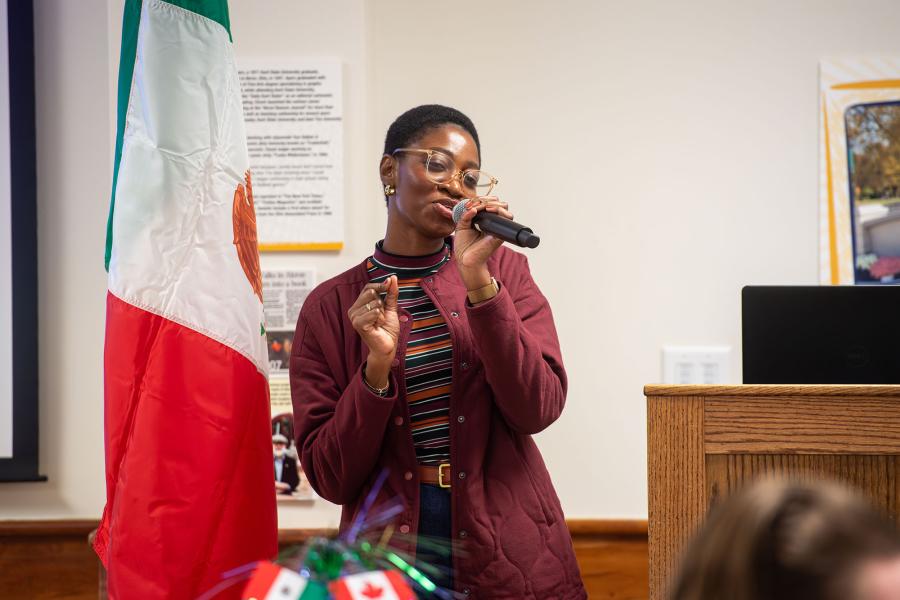 Student speaking at the Cultural Cafe