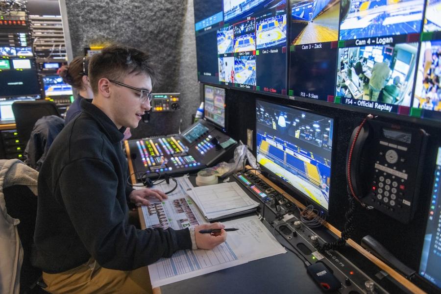Austin Monte, senior DMP major, works the ESPN broadcast