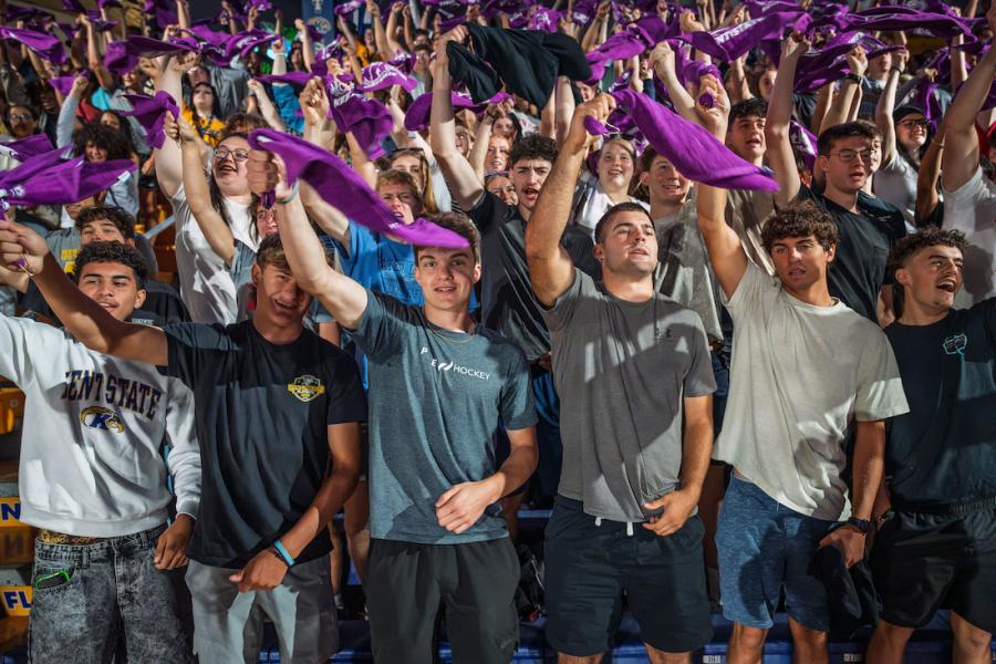 Kent State University first-year students wave their rally towels and cheer during 2026 Convocation. (Photo credit: Rami Daud, Kent State University)