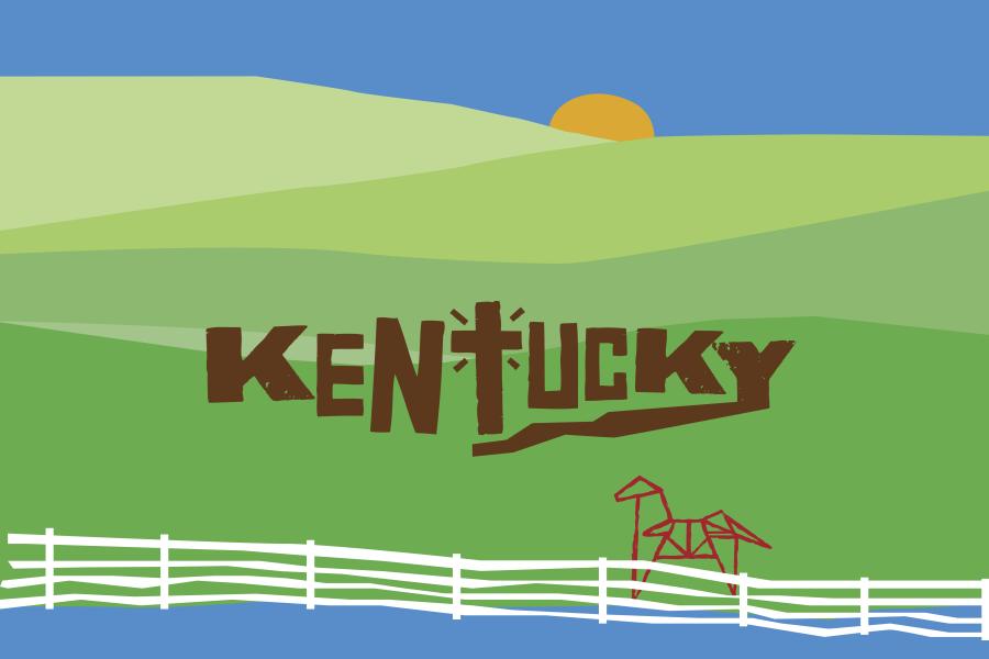 "Kentucky" written across green hills and a white picket fence.
