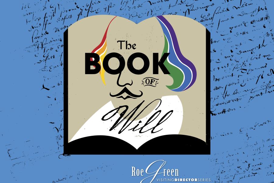 The Book of Will Spelled out over an open book page with Shakespeare's likeness