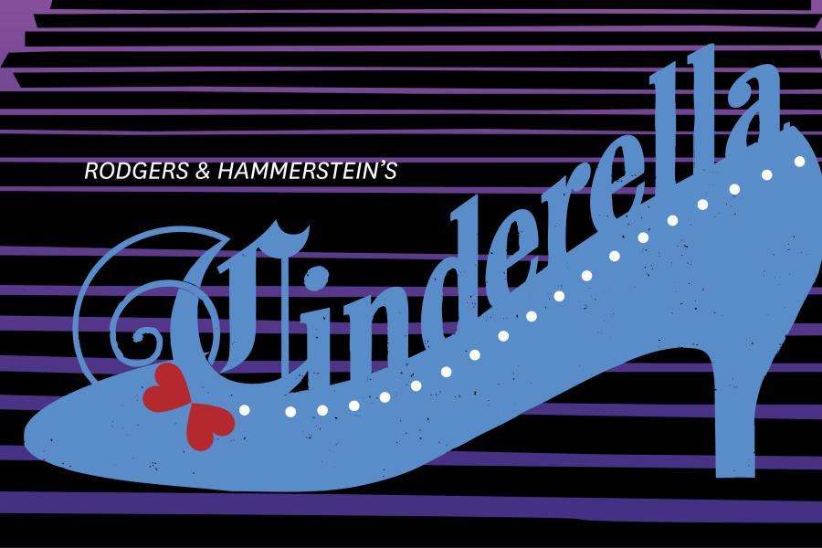 “Rodgers & Hammerstein's Cinderella” written across the top of a blue glass shoe, on a set of cascading stairs.