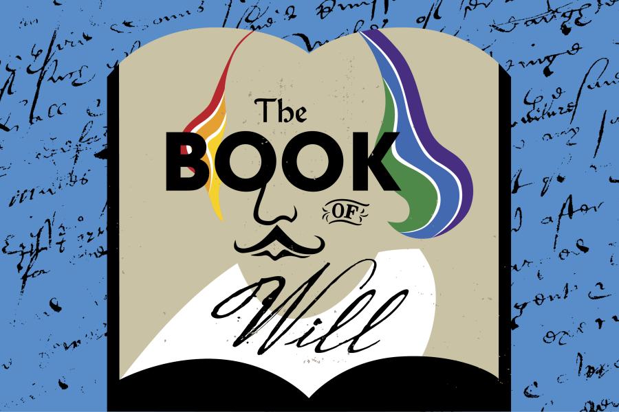 The Book of Will Spelled out over an open book page with Shakespeare's likeness