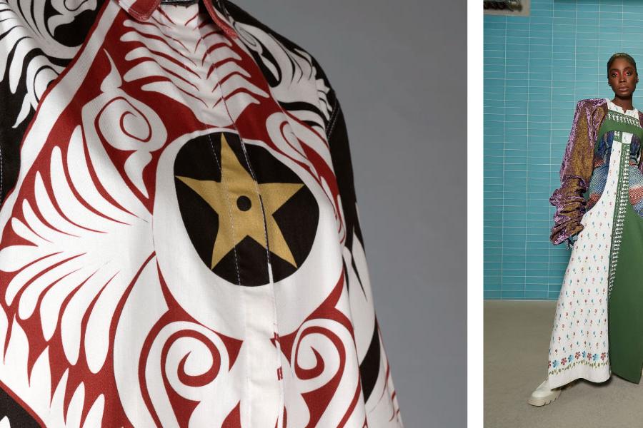 Left: Close-up of red, black and white garment. Right: Two models wearing garments