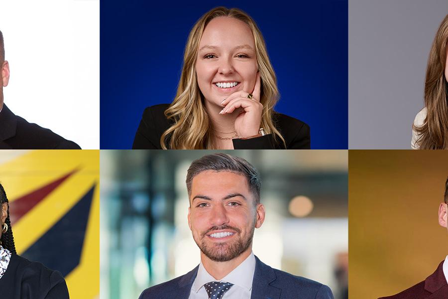 A collage of photos of Aysia Kemp, ’20, Olivia Morrison, ’20, Jake Myers, ’19, Brad Rinella, ’18, Allison Sayre, ’21 and Kiernan Weese, ’19, MBA ’21.