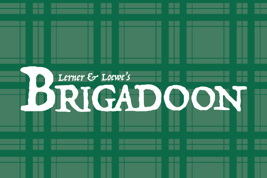 Lerner and Loewe's Brigadoon logo over green tartan plaid