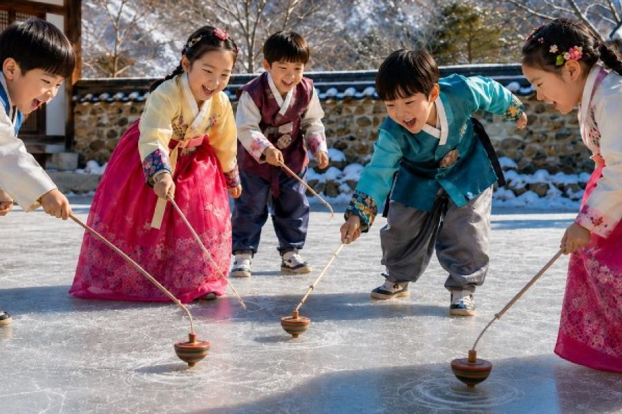 Chidren playing with spinning tops
