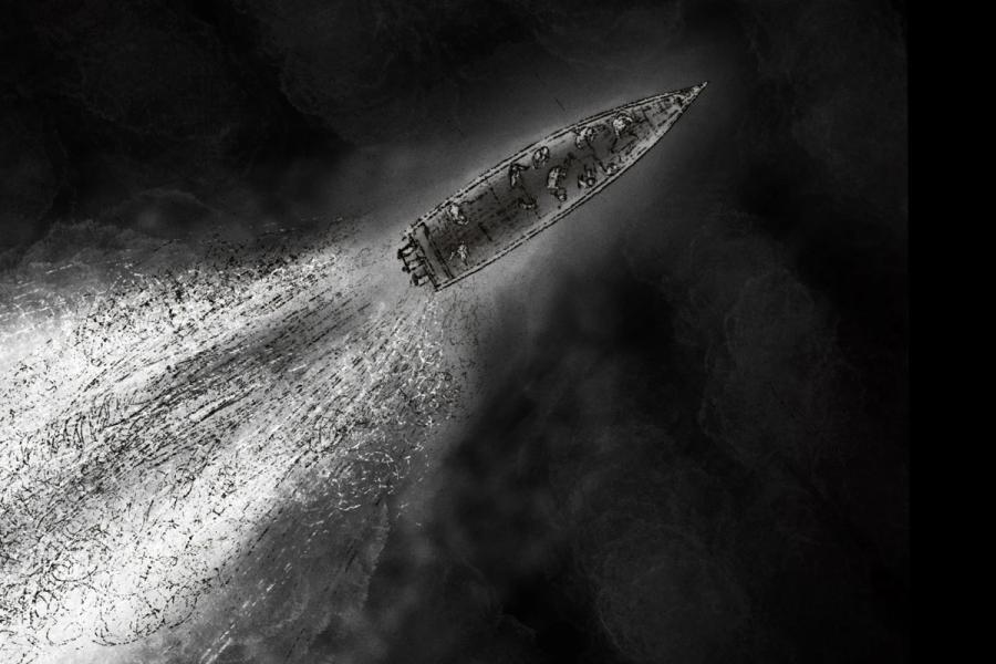 Black and white illustration of a fishing boat