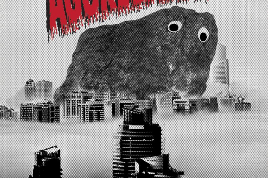 poster with giant rock with googly eyes towering over a city