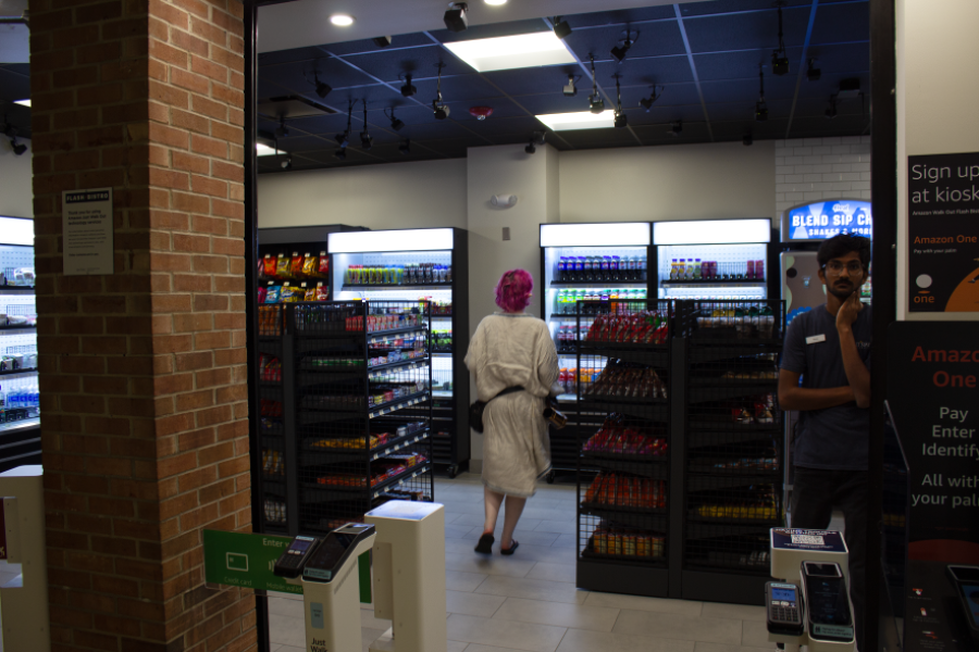 View inside the Flash Bistro, with display cases of beverage items and racks of food items visible