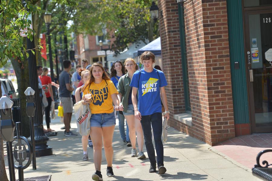 students walking around downtown Kent