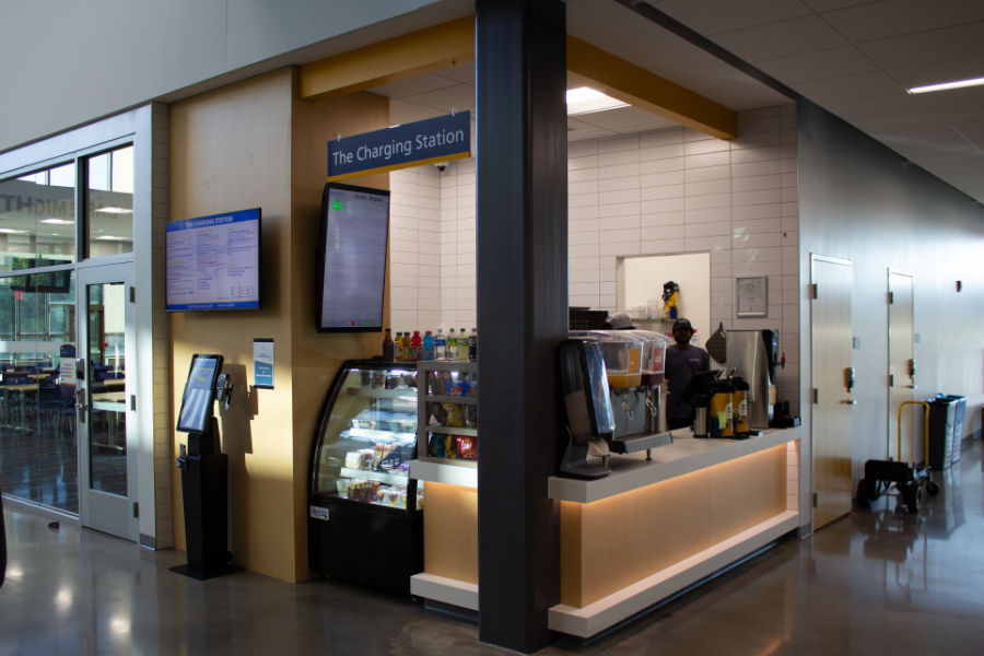 Angled view of the Charging Station so that both the front and side are visible