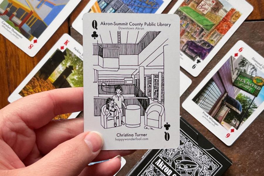 Queen of hearts playing card for Akron Public Library