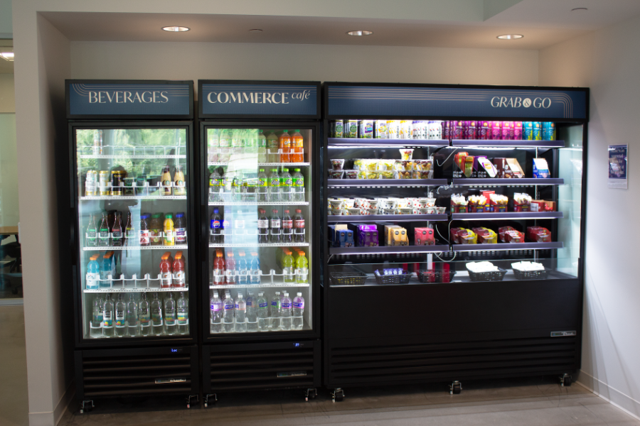 Close up of the Commerce Cafe grab & go station, featuring a variety of food and beverage options